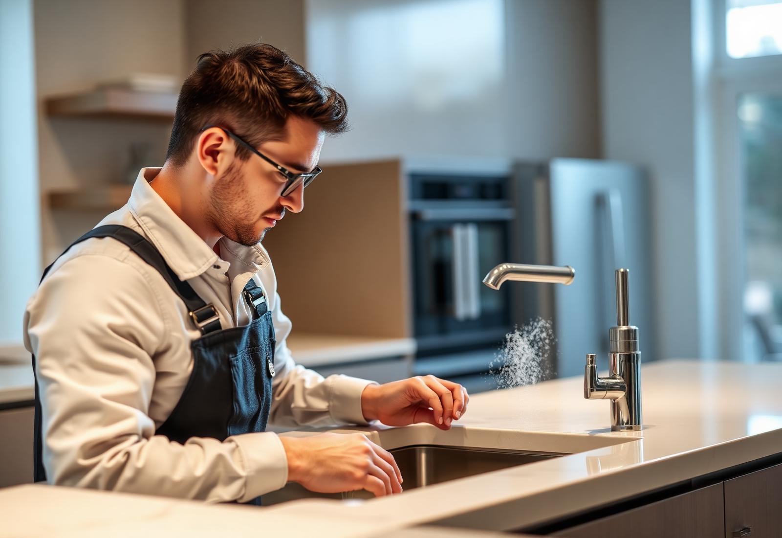Professional plumber working in a luxury kitchen